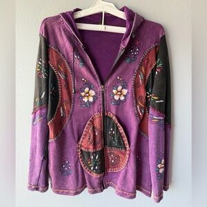 Rising International purple boho full zip 100% cotton hooded sweatshirt sz XL